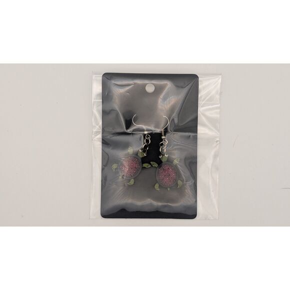 Cute Turtle Dangle Earrings Pink and Green Shell Pattern - Picture 1 of 1